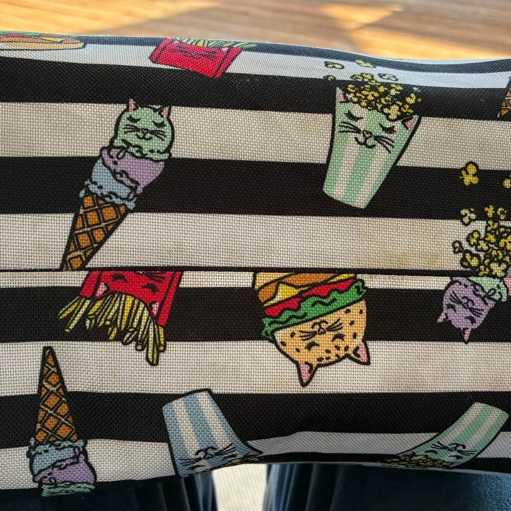 Betsey Johnson Insulated Lunch Bag Cat Print Tote Whimsical Black White Striped